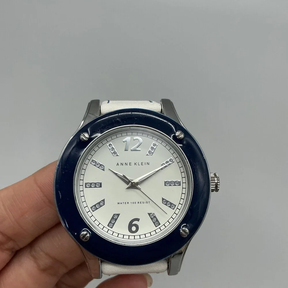 Anne Klein W5126 Womens Watch White Dial Blue Bezel White Leather New Battery